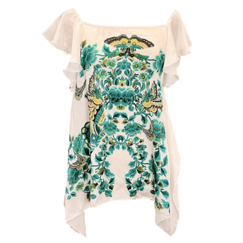 Max Studio Flowy Butterfly print Flutter Sleeve Scarf top White/green Size S
